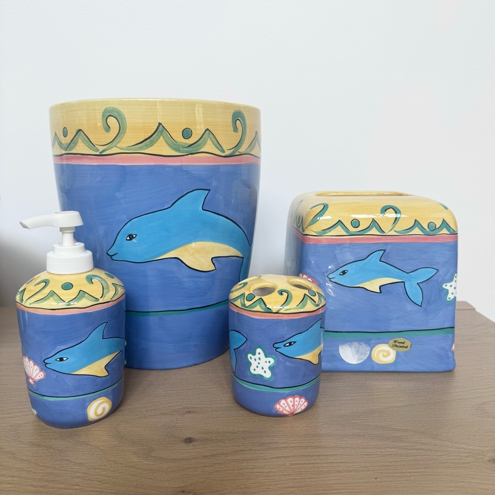 NEW 90’s Bathroom Ceramic Decor - Blue and Yellow Dolphin Bathroom Set